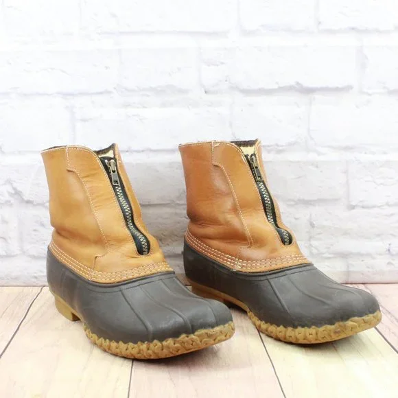 LL Bean Brown Leather Front Zip Waterproof Insulated Ankle Duck Boots Size 9 - Picture 3 of 10